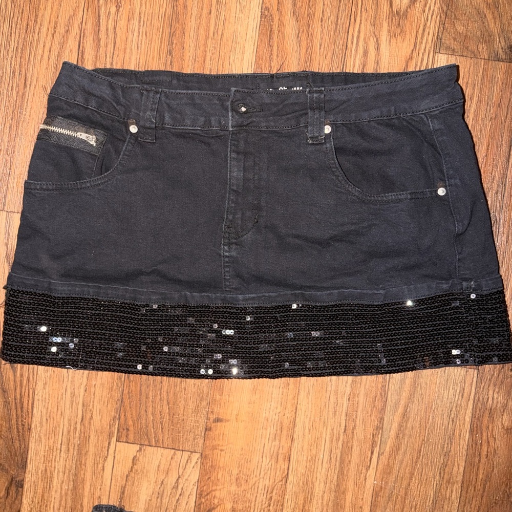 Black Sequin Trim Denim Skirt